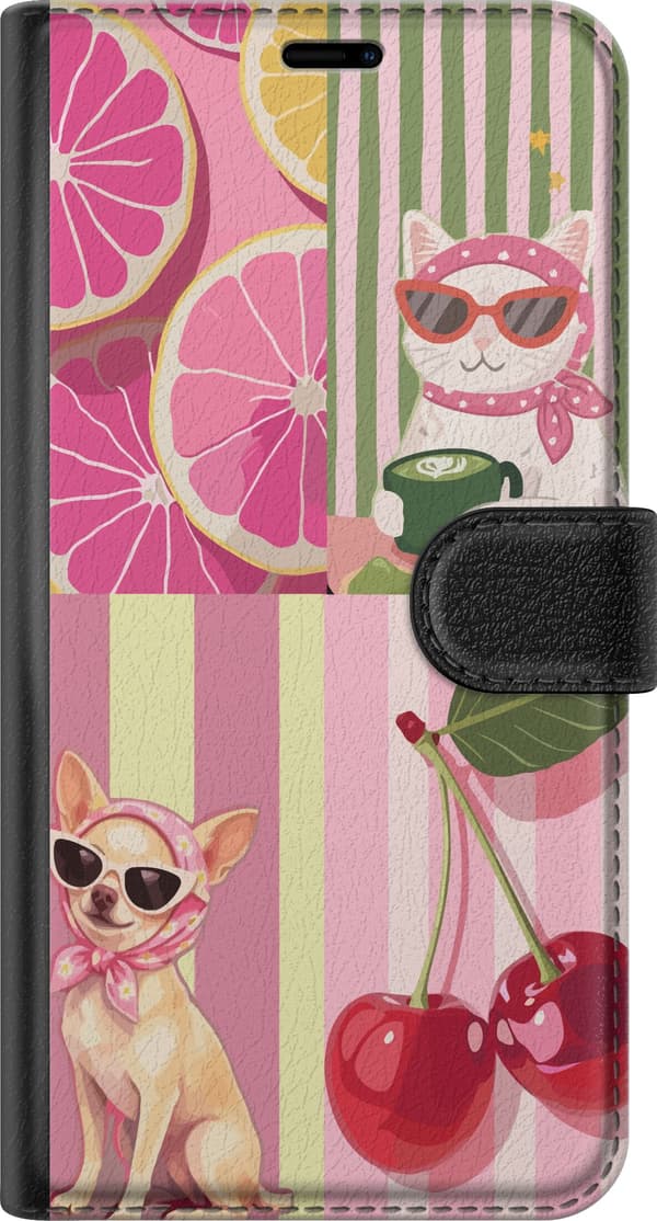 Kompatibel Tegnebogsetui til Xiaomi Redmi Note 15 Pro+ Kat hund lyserøde citrusfrugter og kirsebær over lyserøde og grønne striber pink