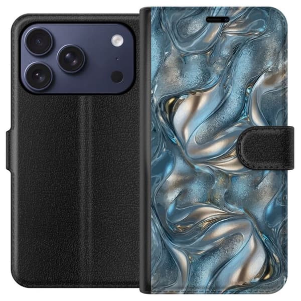 Kompatibel Tegnebogsetui til Apple iPhone 17 Pro Abstrakt flydende krom i sølv og blå metallisk effekt sølv