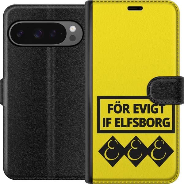 Kompatibel Tegnebogsetui til Google Pixel 9 Pro XL Gul evighedstekst - Sort supportertekst i rektangulær ramme over tre sorte symboler på gul baggrun gul