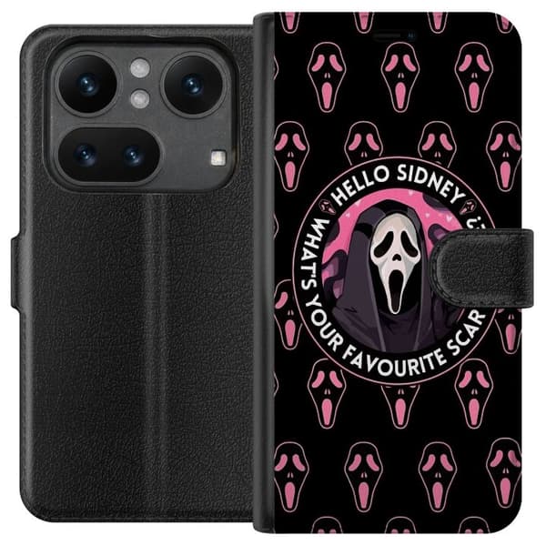 Kompatibel Tegnebogsetui til Nothing Phone 4a Pro Sort og rosa skrækmotiv med maskerede figurer og teksten Hello Sidney sort