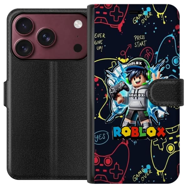 Kompatibel Tegnebogsetui til Apple iPhone 18 Pro Max Gamerfigur med spilcontroller, hovedtelefoner og farverige neonillustrationer sort