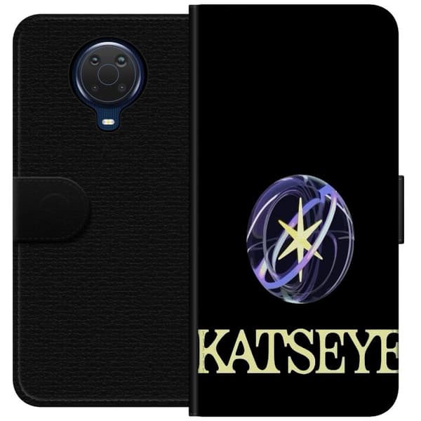 Kompatibel Tegnebogsetui til Nokia G20 KATSEYE-logo med gul stjerne, lilla omløbsringe og lys typografi på sort baggrund sort