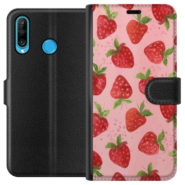 Huawei P30 lite Tegnebogsetui Jordbærdrømme - Retro-stil jordbærmønster