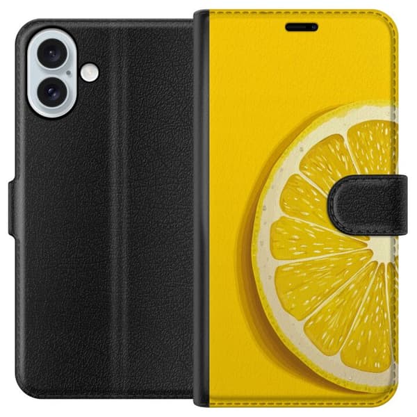 Kompatibel Tegnebogsetui til Apple iPhone 16 Plus Nærbillede af en frisk citronskive på gul baggrund gul