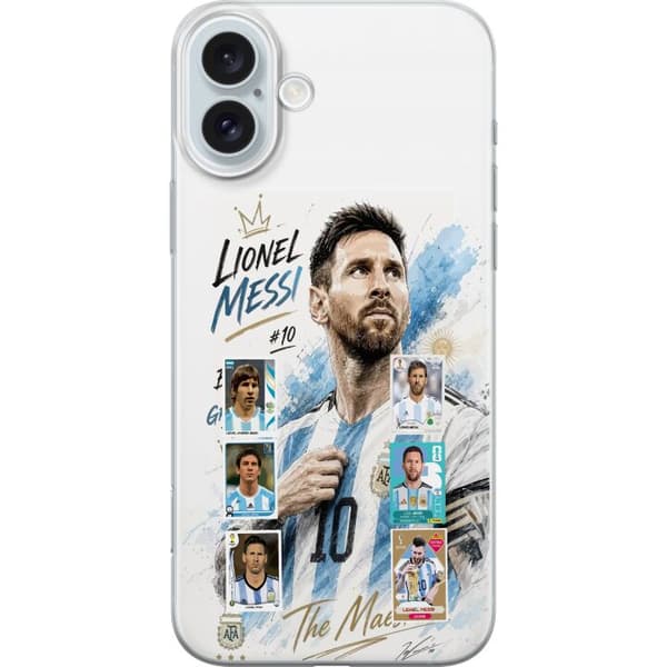 Kompatibelt Mobildeksel til Apple iPhone 16 Plus Lionel Messi med argentinske farger og klassiske samleobjektkort i collage blå