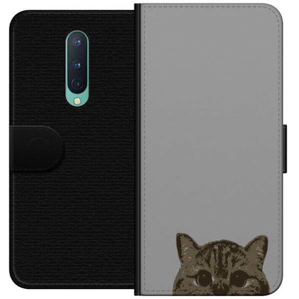 OnePlus 8 Plånboksfodral Grå Kattblick – stilren kattdesign med grå bakgrund