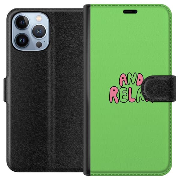 Kompatibel Tegnebogsetui til Apple iPhone 13 Pro Max Teksten And Relax med lyserøde og grønne bogstaver på en klargrøn baggrund grøn