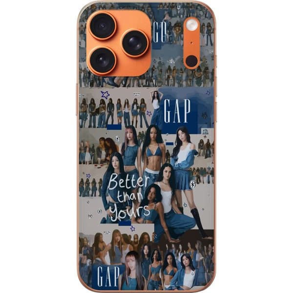 Kompatibel Mobilcover til Apple iPhone 17 Pro Max KATSEYE i blå denimcollage med gruppebilleder, stjerner og teksten ”Better than yours” i ungdommeli blå
