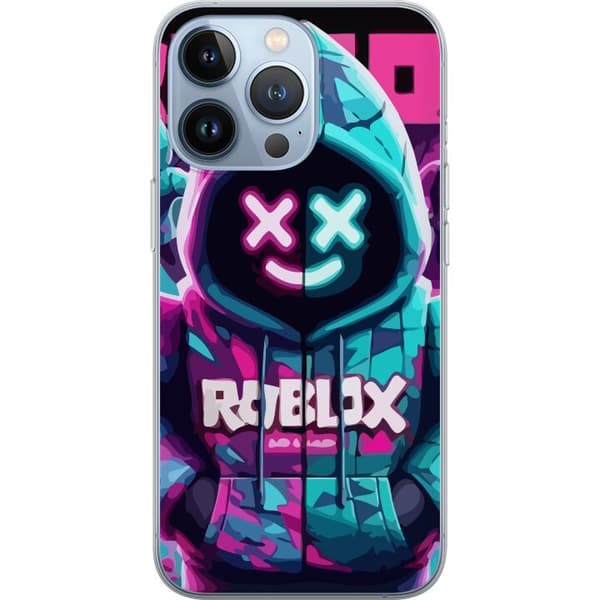 Kompatibelt Mobildeksel til Apple iPhone 13 Pro Roblox neon hettegenser i nærbilde med intensivt nærbilde av forkledt karakter i rosa og blått neonly