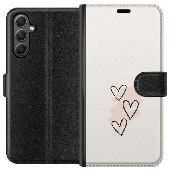 Kompatibel Tegnebogsetui til Samsung Galaxy S23 FE Tre håndtegnede sorte hjerter med lyserøde penselstrøg på lys baggrund, romantisk motiv beige