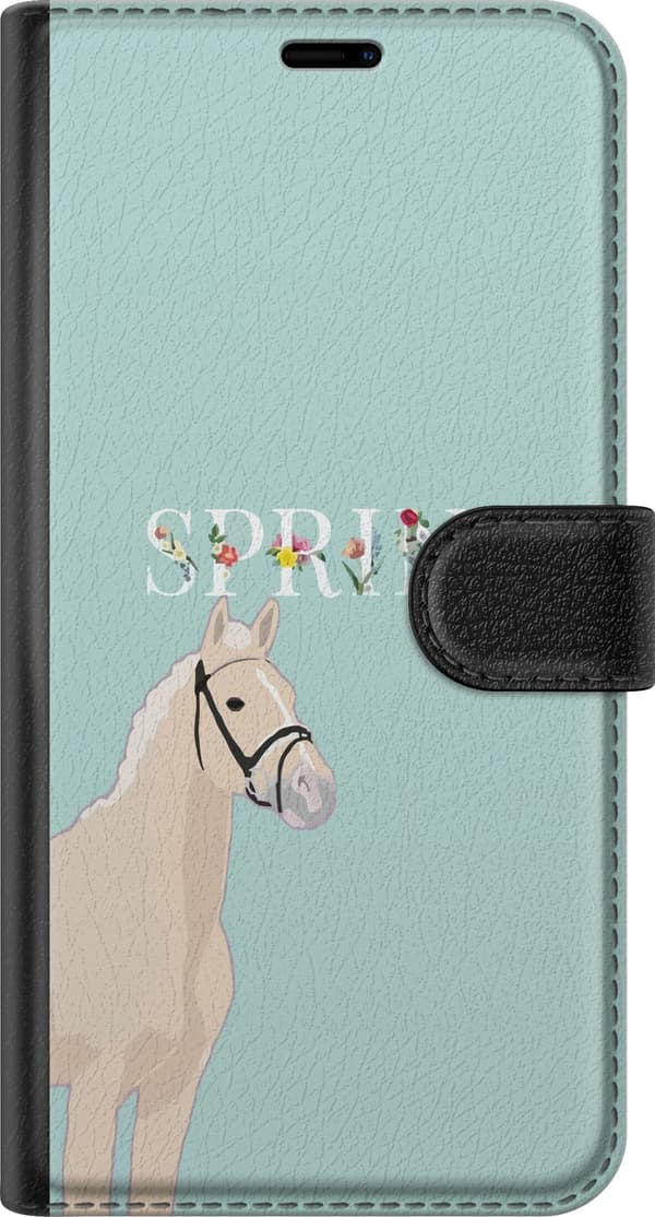 Kompatibel Tegnebogsetui til Sony Xperia 10 V Lys hest med blomster og teksten "Spring" på mintgrøn baggrund grøn