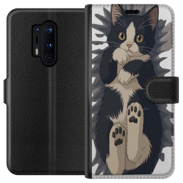 Kompatibel Tegnebogsetui til OnePlus 8 Pro Illustreret sort-hvid kat med synlige poter og store gule øjne sort