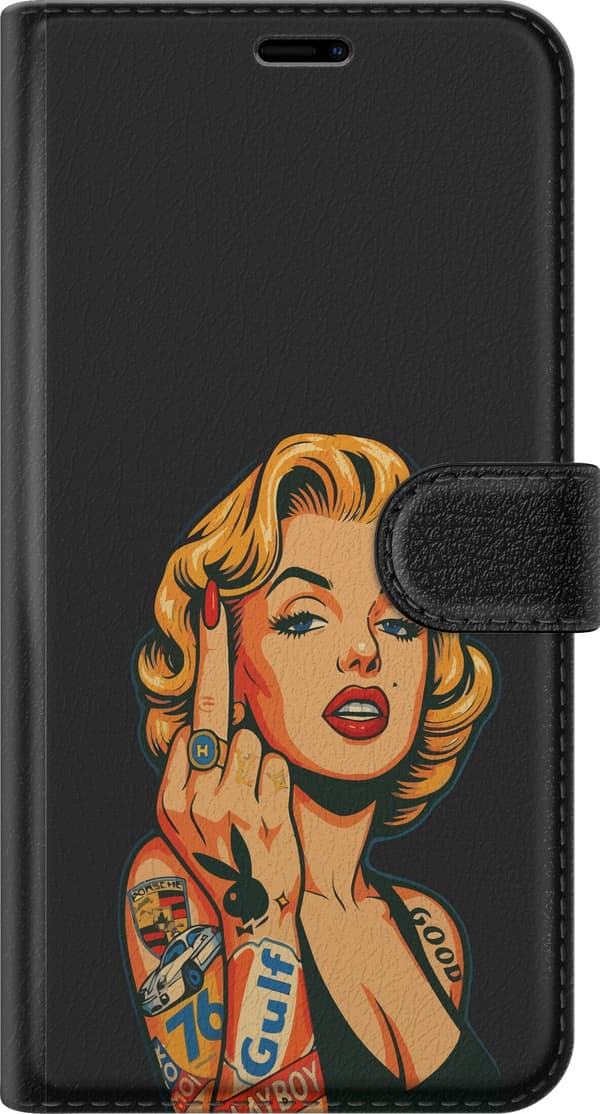 Kompatibel Tegnebogsetui til Apple iPhone 5 Blond kvinde i popkunststil med tatoveringer og løftet langfinger mod sort baggrund sort
