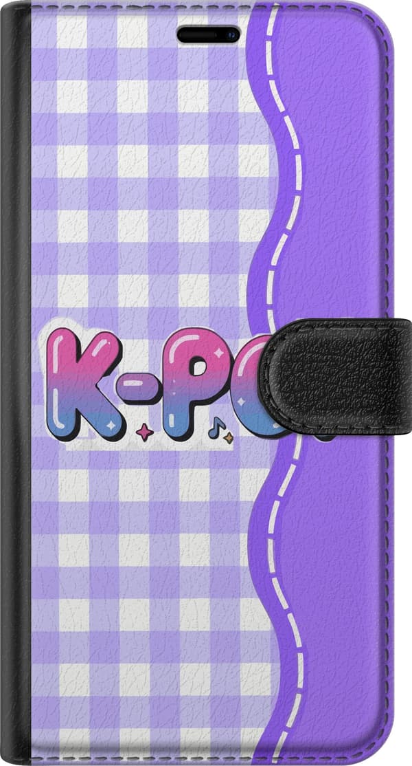 Kompatibel Tegnebogsetui til Apple iPhone 16 Pro Legesygt K-pop-motiv med farverig tekst og noder på lilla og hvidternet baggrund lilla