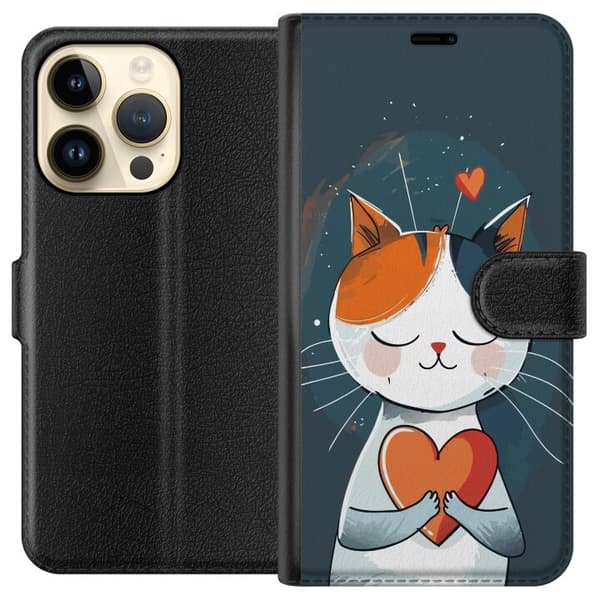 Kompatibel Tegnebogsetui til Apple iPhone 15 Pro Sød illustreret kat, der holder et orange og rødt hjerte mod mørkeblå baggrund blå