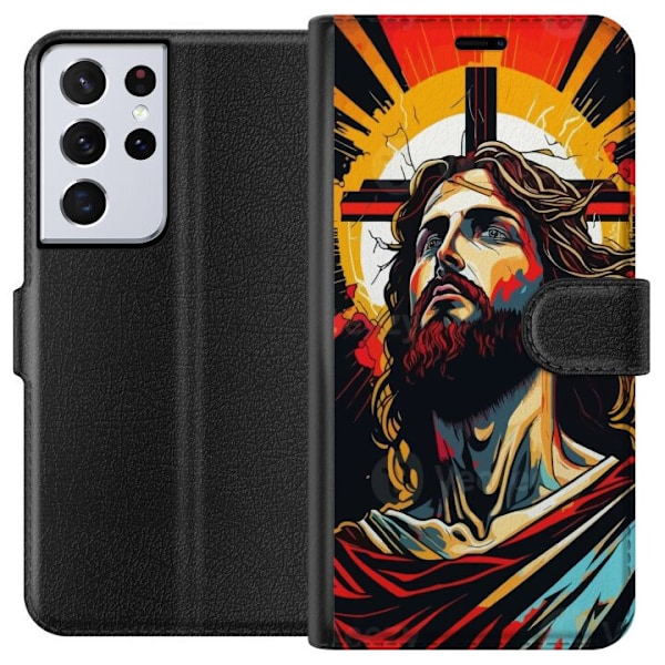 Samsung Galaxy S21 Ultra 5G Lompakkokotelo Jeesus ja Kortti - uskonnollinen motiivi syvällä symboliikalla