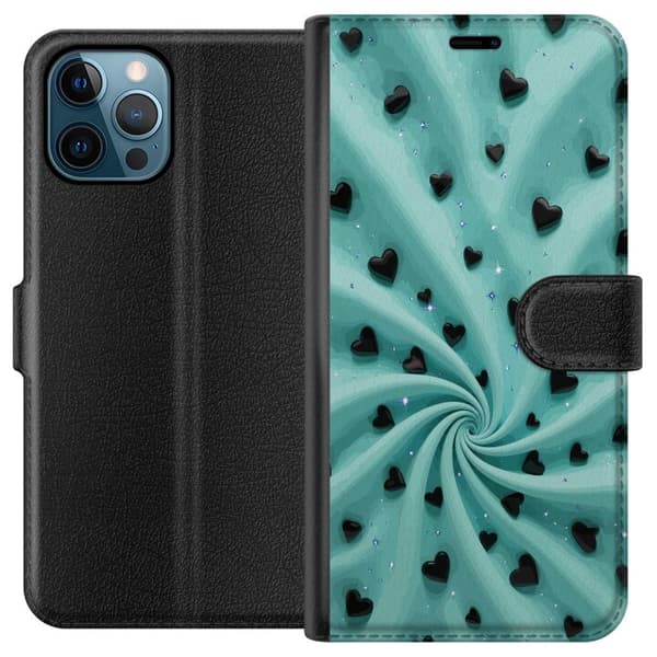 Kompatibel Tegnebogsetui til Apple iPhone 12 Pro Max Turkis hvirvelbaggrund med sorte hjerter og glitrende stjerner turkis
