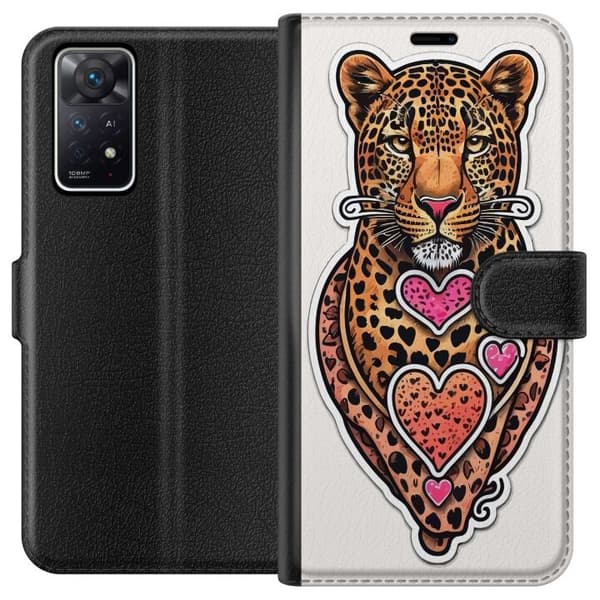 Kompatibel Tegnebogsetui til Xiaomi Redmi Note 11 Pro 5G Illustreret leopard med lyserøde og orange hjerter, sorte pletter og dekorative detaljer orange
