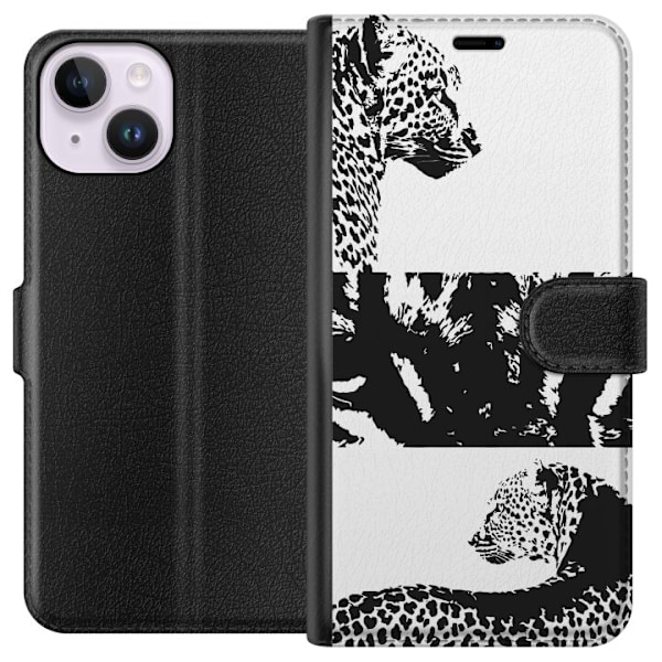 Apple iPhone 14 Plånboksfodral Leopard Faces – trendigt mönster med leopardansikten