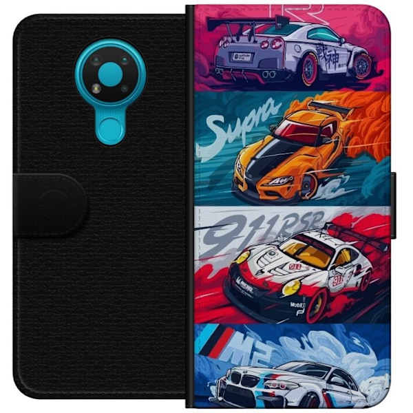 Nokia 3.4 Lompakkokotelo Nopeat Autot - Piirretty Kuvio Toimin