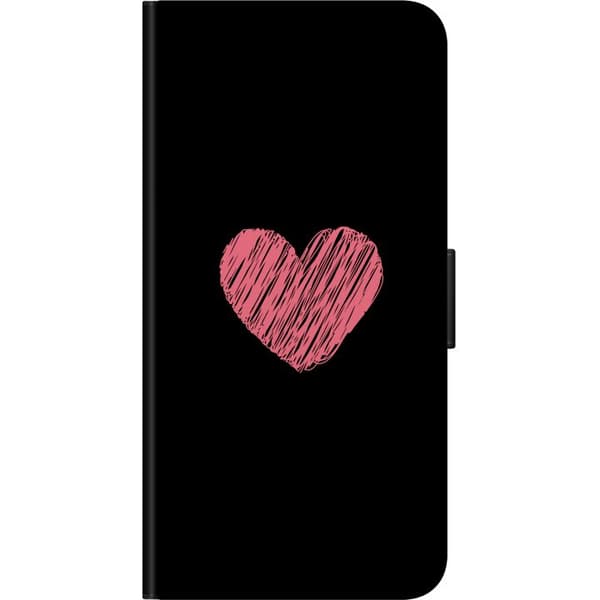 Kompatibel Tegnebogsetui til OnePlus 9 Pro Håndtegnet lyserødt hjerte på sort minimalistisk baggrund