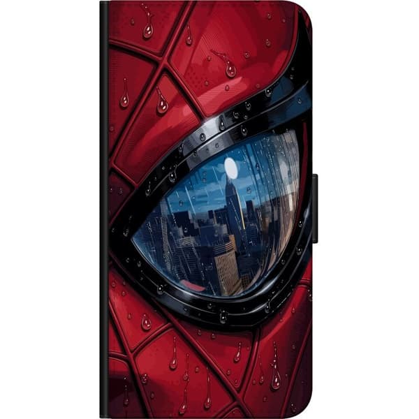 Kompatibelt Lommeboketui til Samsung Galaxy Note 10 Lite Nærbilde av Spider-Man-maske med regndråper og byrefleksjon i øyet rød