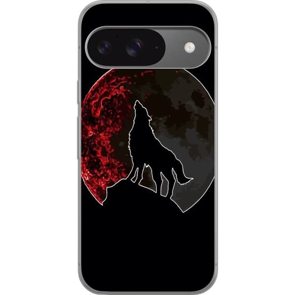 Kompatibel Mobilcover til Google Pixel 9 Pro Sort silhuet af en hylende ulv foran en dramatisk rød måne mod sort baggrund sort
