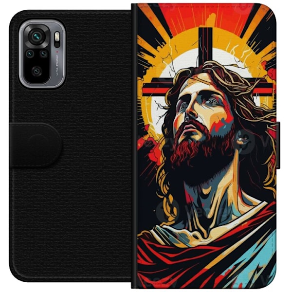 Xiaomi Redmi Note 10S Lompakkokotelo Jeesus ja Kortti - uskonnollinen motiivi syvällä symboliikalla