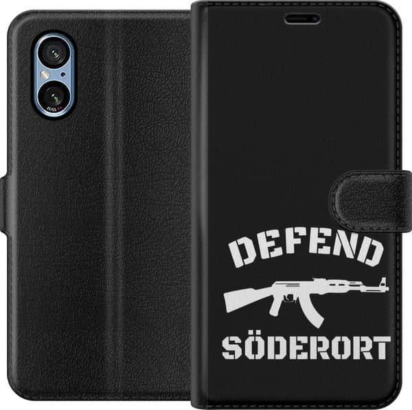 Kompatibel Tegnebogsetui til Sony Xperia 5 V Sort Söderort - hvidt områdeslogan og hvid våbensilhuet på sort baggrund sort