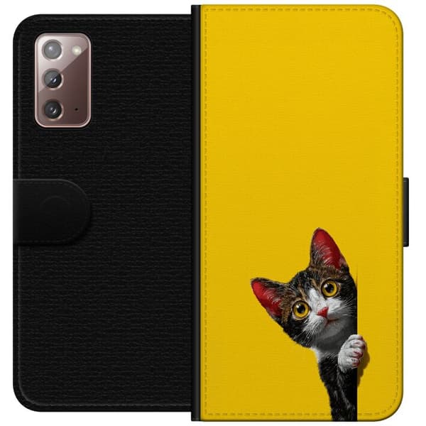 Kompatibel Tegnebogsetui til Samsung Galaxy Note20 Sød kat, der kigger ud mod gul minimalistisk baggrund gul