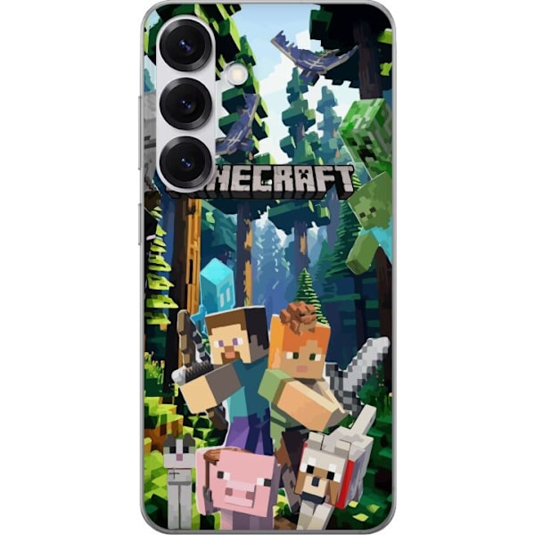 Samsung Galaxy S25 Läpinäkyvä kuori Minecraft-matkapuhelinkotelo metsällä ja pikselityylisillä hahmoilla