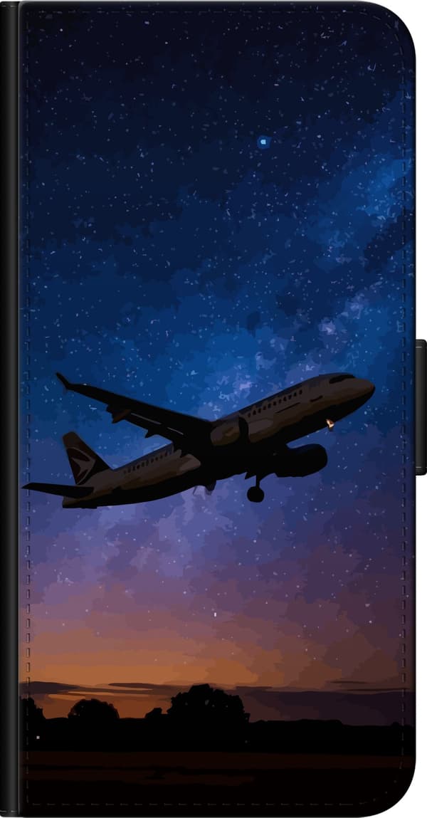 Kompatibel Tegnebogsetui til OnePlus 7 Pro Passagerfly i silhuet mod blå stjernehimmel med varm horisont blå
