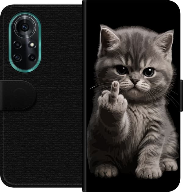 Kompatibel Tegnebogsetui til Huawei nova 8 Pro Grå kat med løftet pote og et trodsigt udtryk på sort baggrund grå