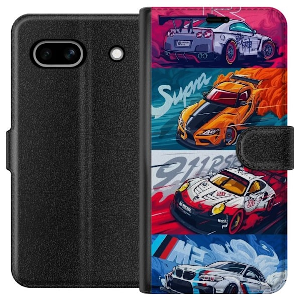 Google Pixel 7a Lompakkokotelo Nopeat Autot - Piirretty Kuvio Toiminnalla