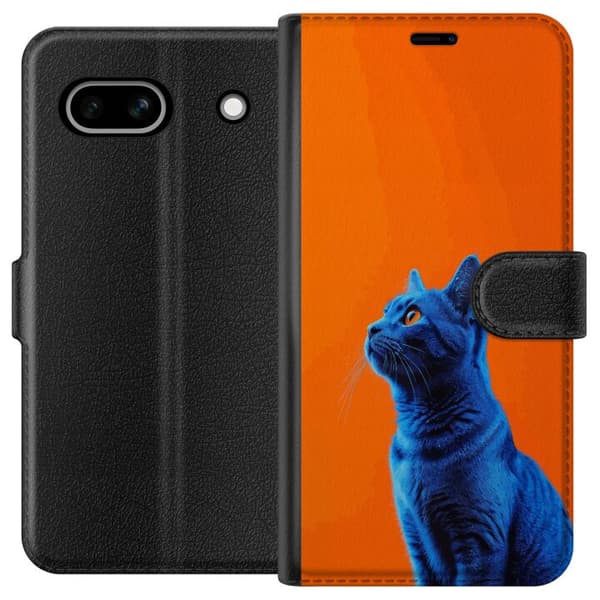 Kompatibel Tegnebogsetui til Google Pixel 7a Blå kat med orange baggrund i moderne popkunststil blå