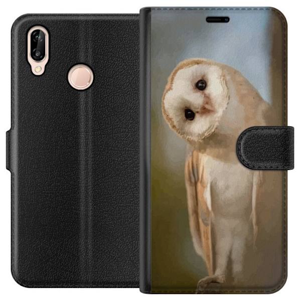 Huawei P20 lite Lompakkokotelo Uggla Utelias Katse Lintumotiivi Metsä Luonto Grafinen Suunnittelu Suosittu Motiivi Eläin Teema Koriste