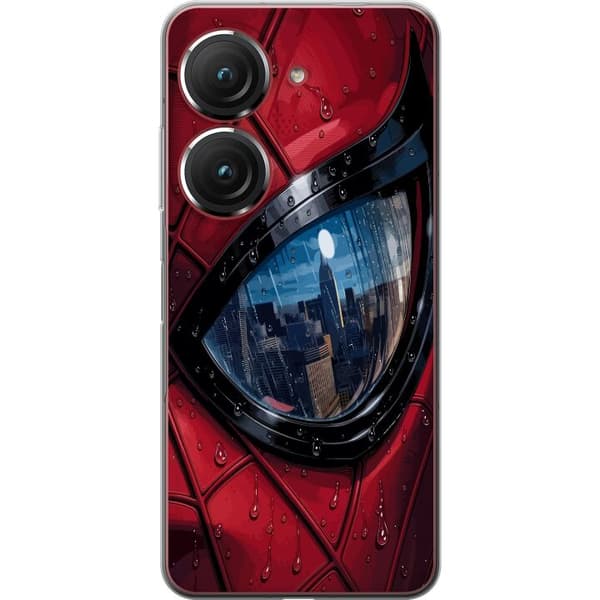 Kompatibelt Mobildeksel til Asus Zenfone 9 Nærbilde av Spider-Man-maske med regndråper og byrefleksjon i øyet rød