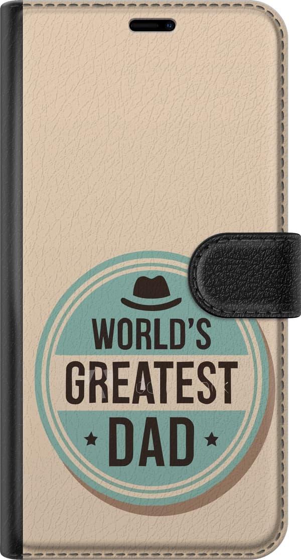 Kompatibel Tegnebogsetui til Apple iPhone 5s Turkis medaljon med sort World's Greatest Dad-tekst, hat og stjerner på beige baggrund beige