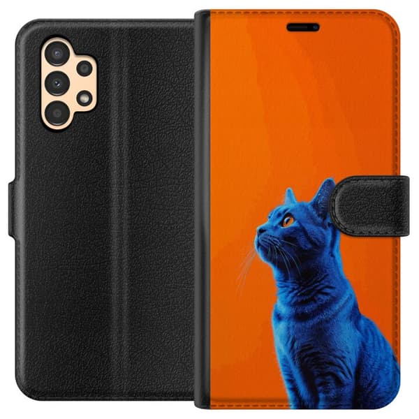 Kompatibel Tegnebogsetui til Samsung Galaxy A13 Blå kat med orange baggrund i moderne popkunststil blå