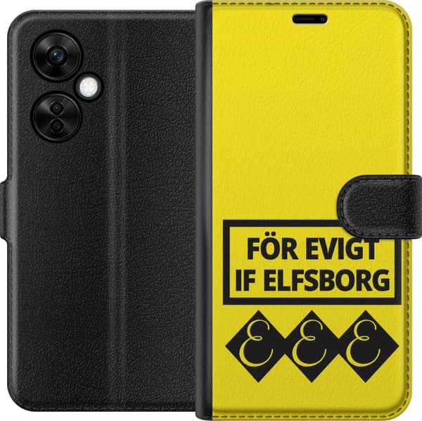 Kompatibel Tegnebogsetui til OnePlus Nord CE3 Gul evighedstekst - Sort supportertekst i rektangulær ramme over tre sorte symboler på gul baggrund gul