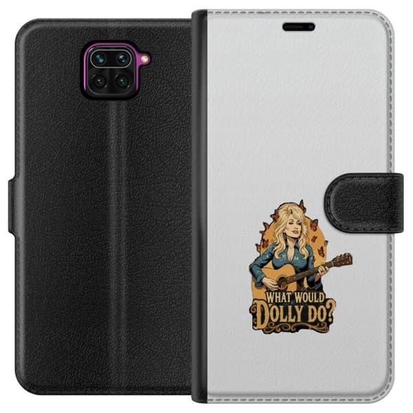 Kompatibelt Plånboksfodral till Xiaomi Redmi Note 9 Dolly Parton med gitarr och fjärilar grå