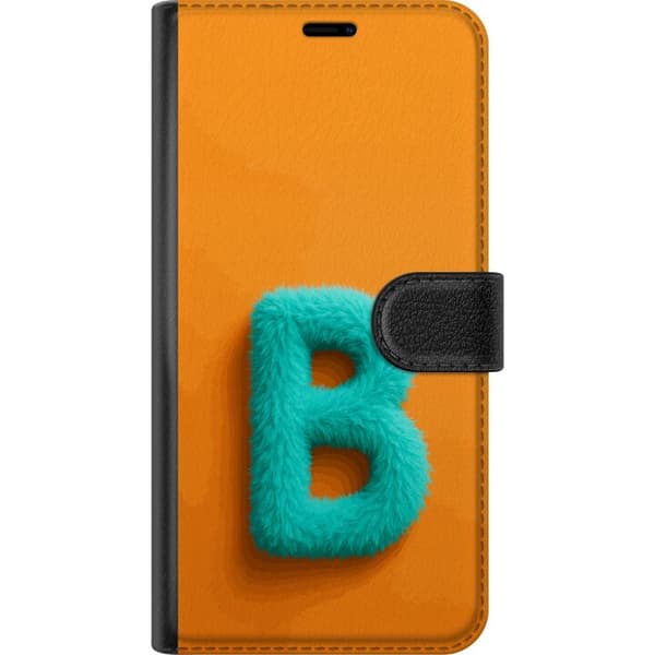 Kompatibel Tegnebogsetui til Google Pixel 10 Turkis lodden bogstav B med blød pelsstruktur på orange baggrund orange