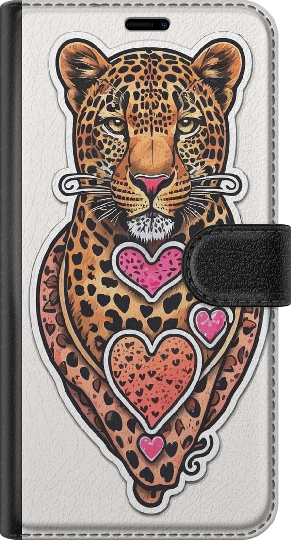 Kompatibel Tegnebogsetui til Apple iPhone 17 Illustreret leopard med lyserøde og orange hjerter, sorte pletter og dekorative detaljer orange