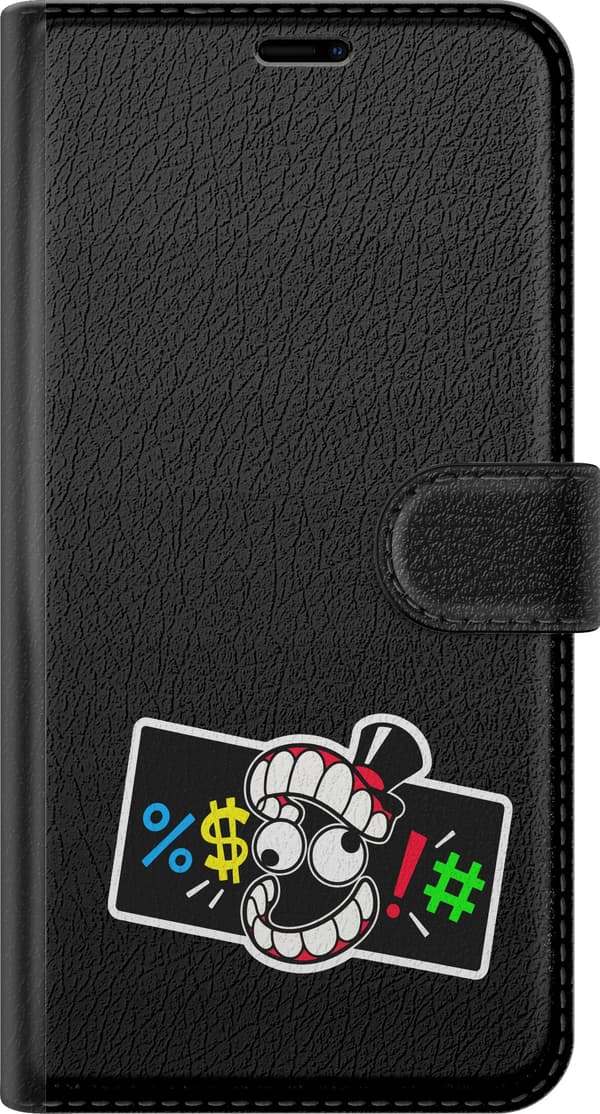 Kompatibel Tegnebogsetui til Apple iPhone 14 Plus Symbolmund - Sort motiv med tegnet mund med farvede symboler. sort