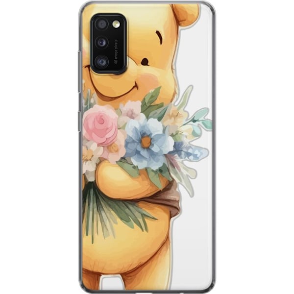 Samsung Galaxy A41 Genomskinligt Skal Nalle Puh med blommor – klassisk barnfavorit i blommande vårmiljö