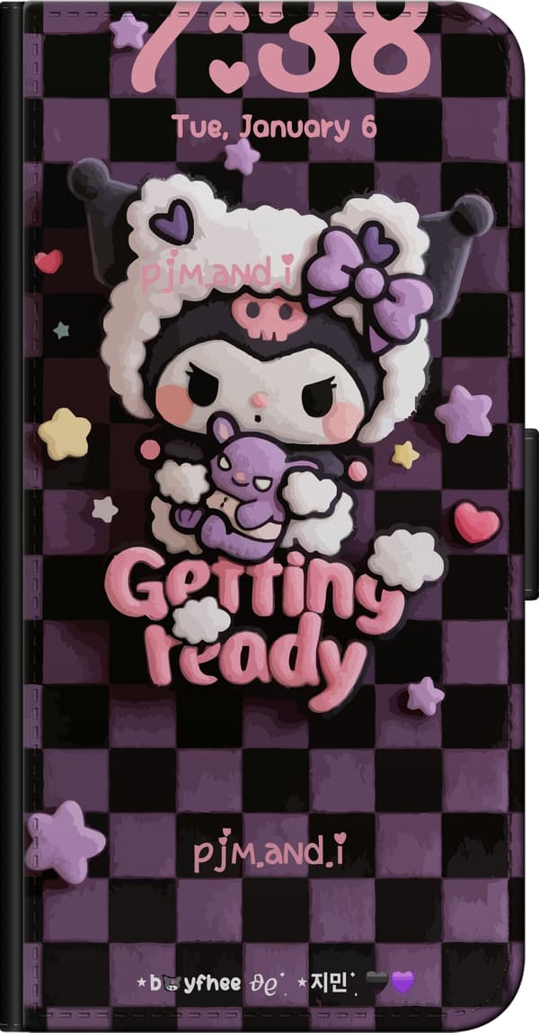 Kompatibel Tegnebogsetui til OnePlus 8 Kuromi med lyserød ”Getting Ready”-tekst, hjerter og lilla tern lilla