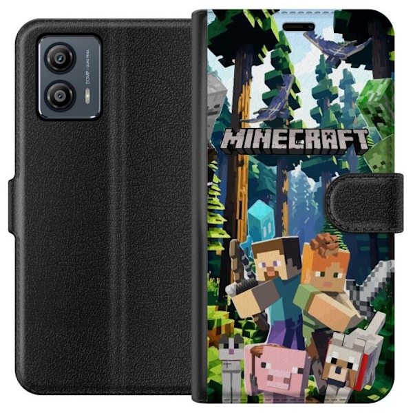 Motorola Moto G53 Plånboksfodral Minecraft mobilskal med skog och figurer i pixelstil