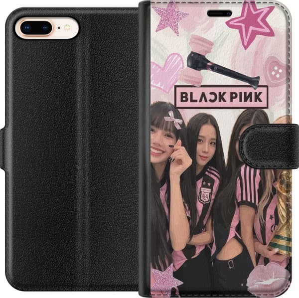Kompatibel Tegnebogsetui til Apple iPhone 8 Plus Blackpink-gruppemotiv i pink og sort med stjerner, hjerter og fodboldtema pink