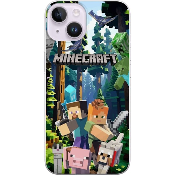Apple iPhone 14 Genomskinligt Skal Minecraft mobilskal med skog och figurer i pixelstil