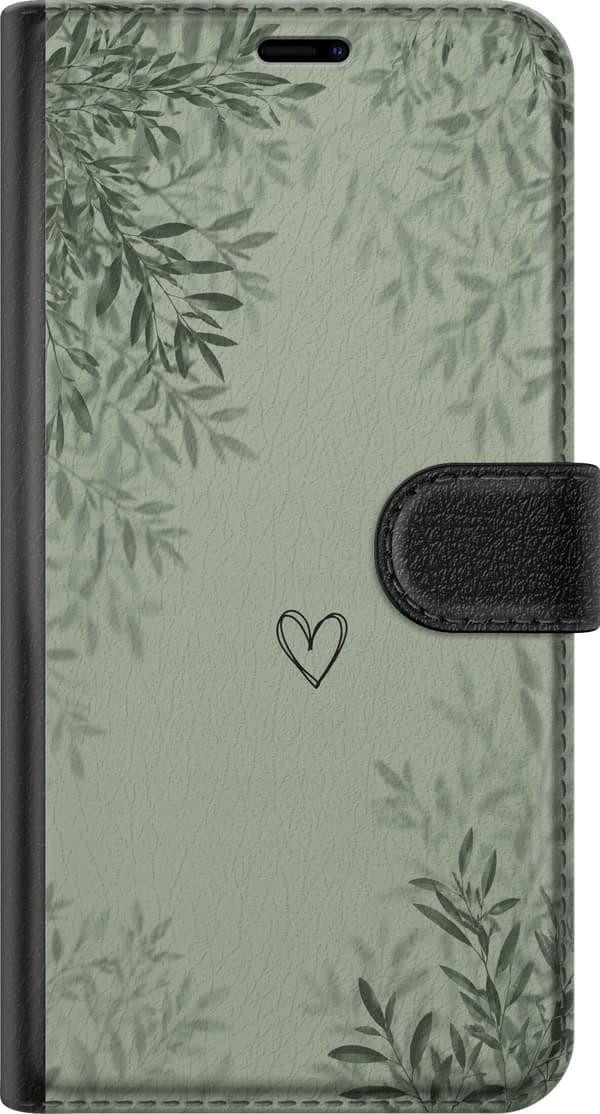 Kompatibel Tegnebogsetui til Sony Xperia 1 IV Minimalistisk grønt motiv med håndtegnet hjerte, bløde bladskygger og rolig botanisk baggrund grøn